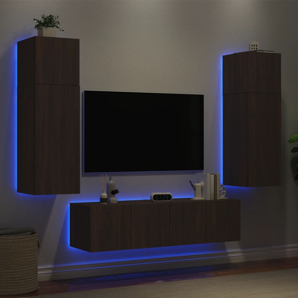 Mobili TV a Muro con LED 6pz Rovere Marrone Legno Multistrato