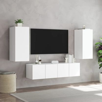 Mobili TV a Muro con LED 4pz Bianchi in Legno Multistrato