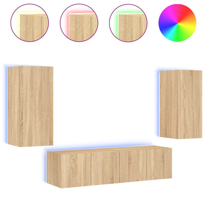 Mobili TV a Muro con LED 4pz Rovere Sonoma Legno Multistrato