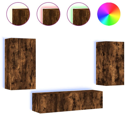 Mobili TV a Muro con LED 4pz Rovere Fumo in Legno Multistrato