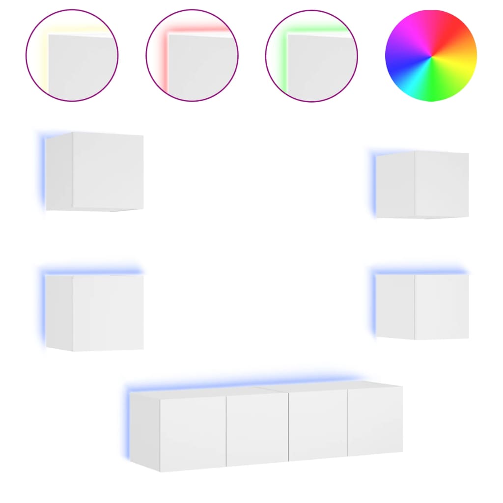 Mobili TV a Muro con LED 6pz Bianchi in Legno Multistrato