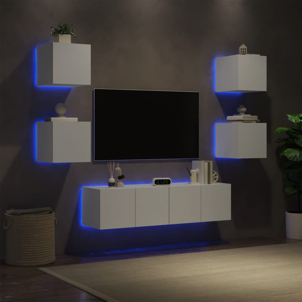 Mobili TV a Muro con LED 6pz Bianchi in Legno Multistrato