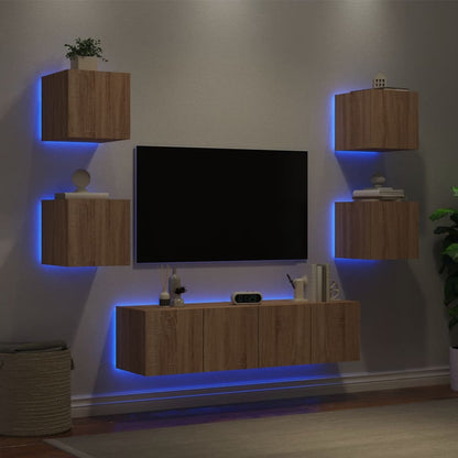 Mobili TV a Muro con LED 6pz Rovere Sonoma Legno Multistrato