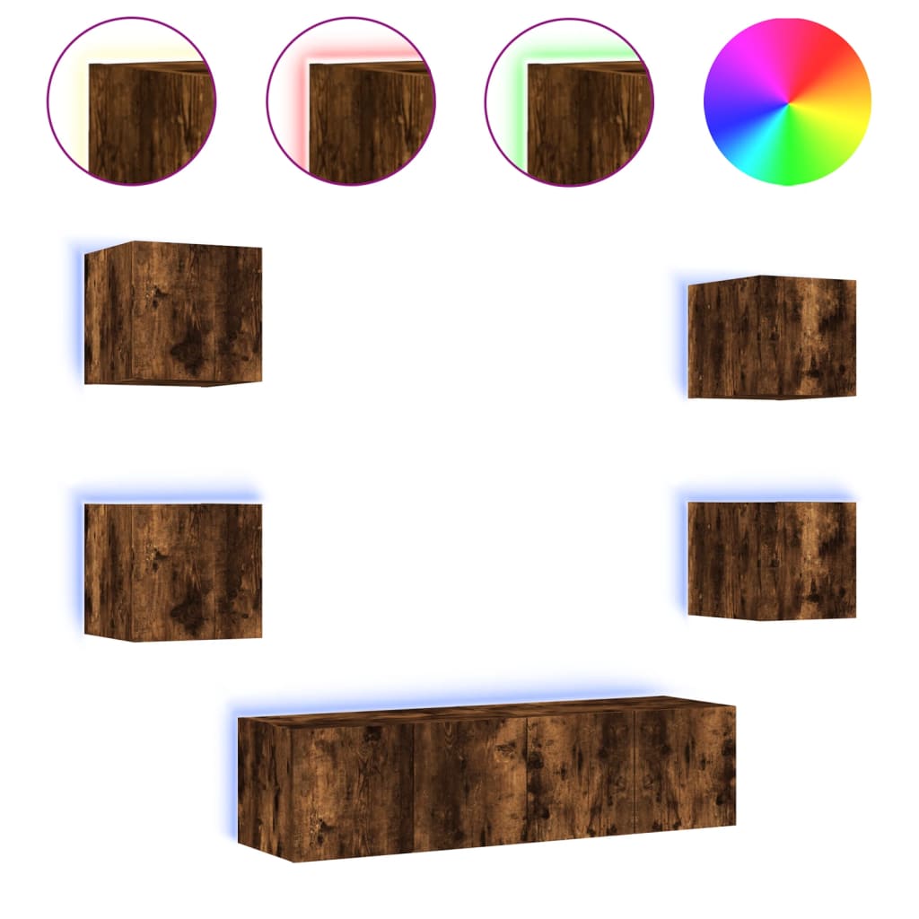 Mobili TV a Muro con LED 6pz Rovere Fumo in Legno Multistrato