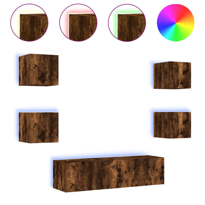 Mobili TV a Muro con LED 6pz Rovere Fumo in Legno Multistrato