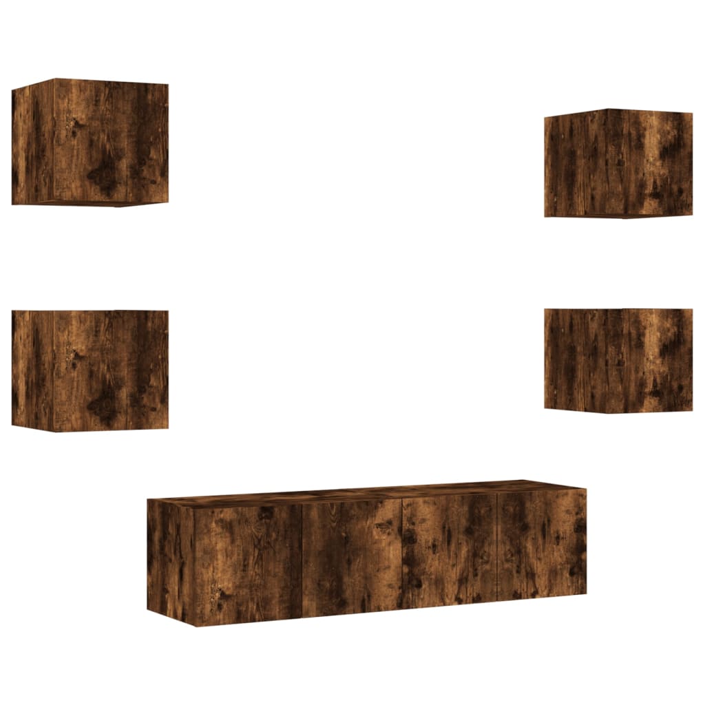Mobili TV a Muro con LED 6pz Rovere Fumo in Legno Multistrato
