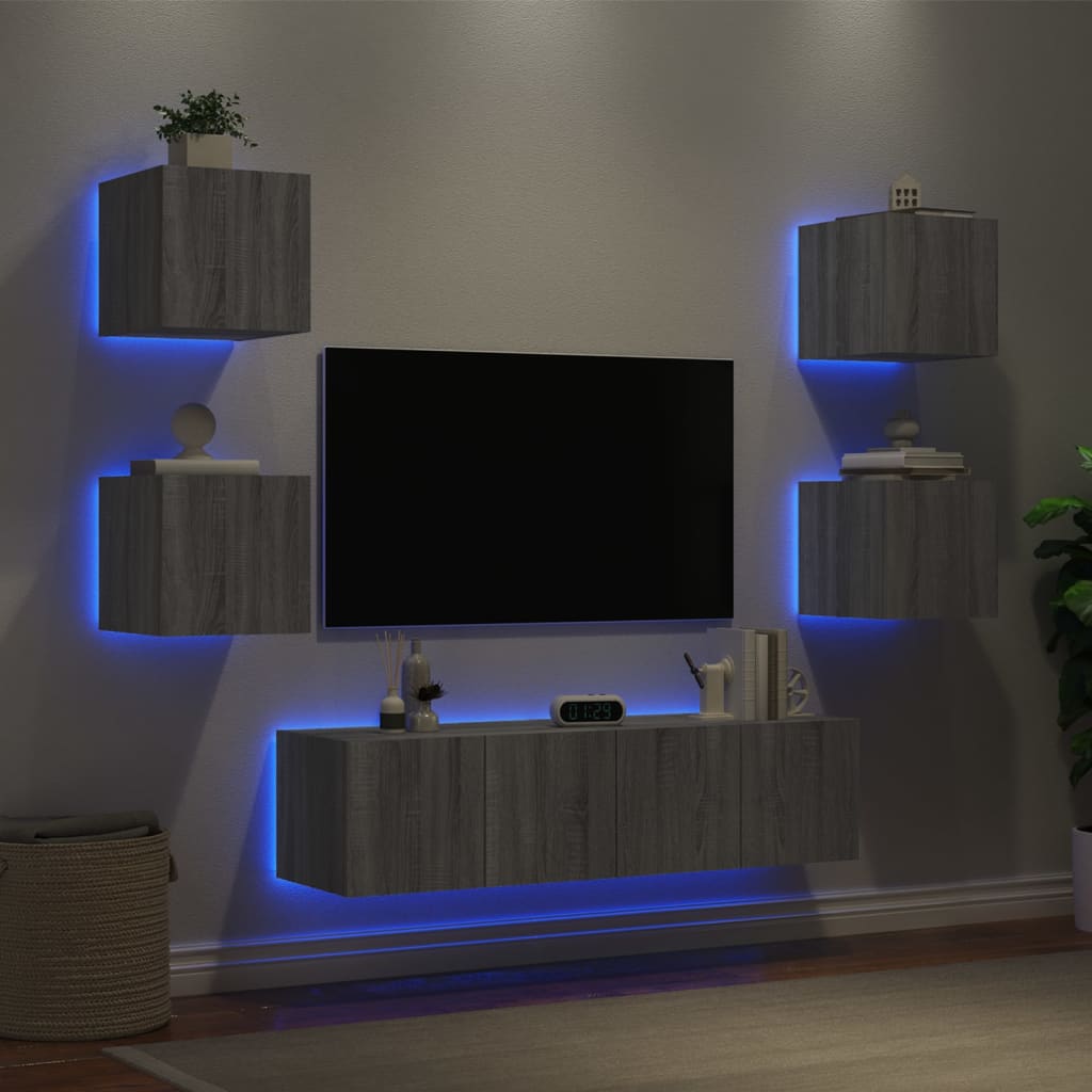 Mobili TV a Muro con LED 6pz Grigio Sonoma Legno Multistrato