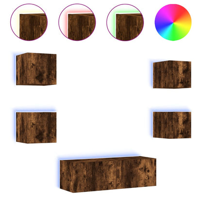 Mobili TV a Muro 5pz con Luci LED Rovere Fumo