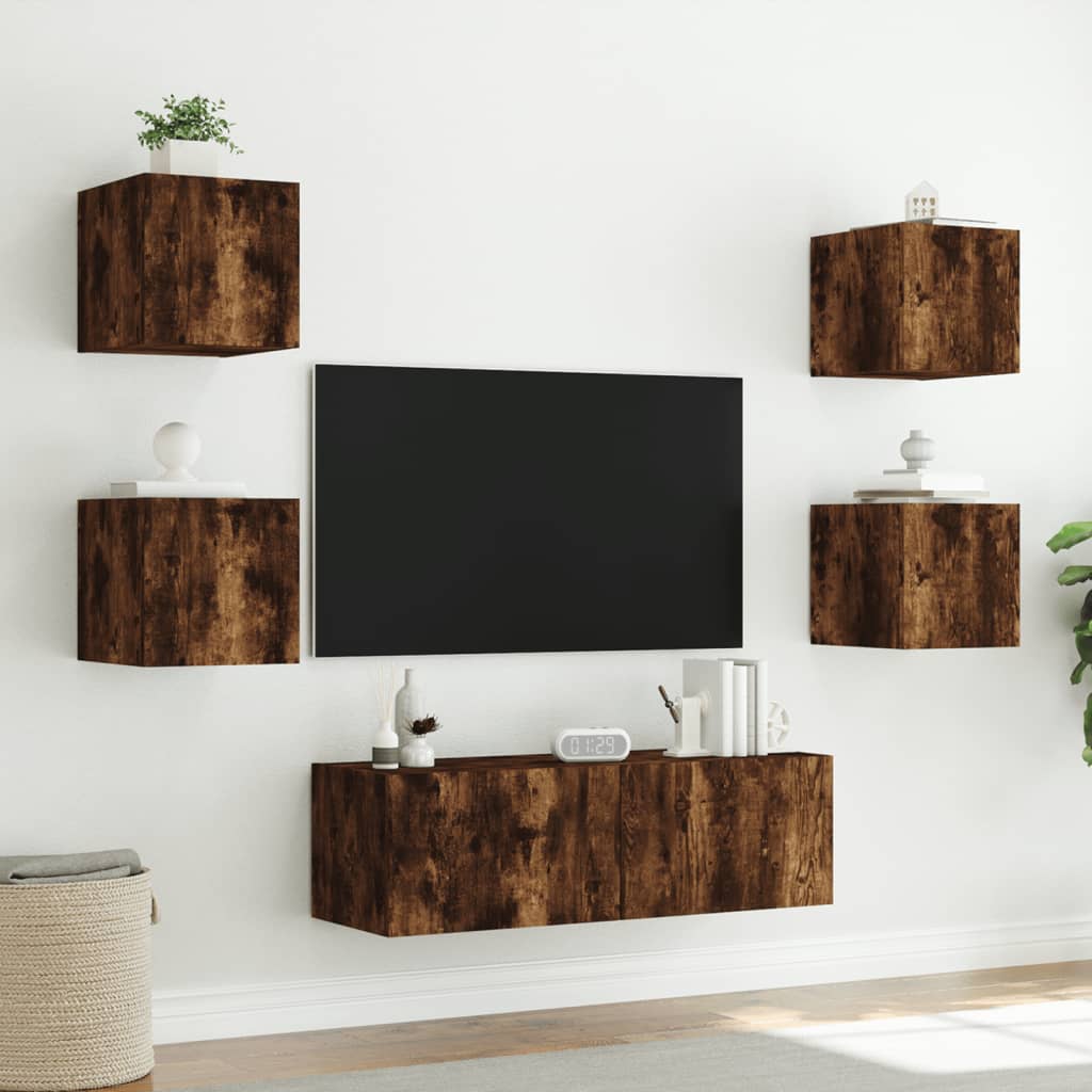 Mobili TV a Muro 5pz con Luci LED Rovere Fumo