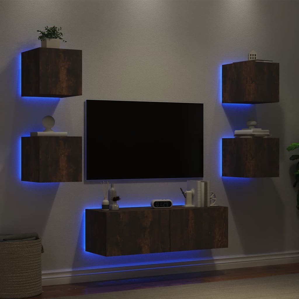 Mobili TV a Muro 5pz con Luci LED Rovere Fumo