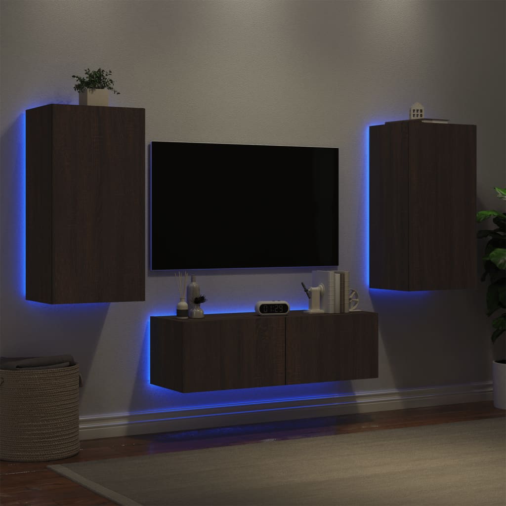 Mobili TV a Muro 3pz con Luci LED Rovere Marrone