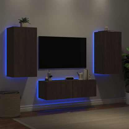 Mobili TV a Muro 3pz con Luci LED Rovere Marrone