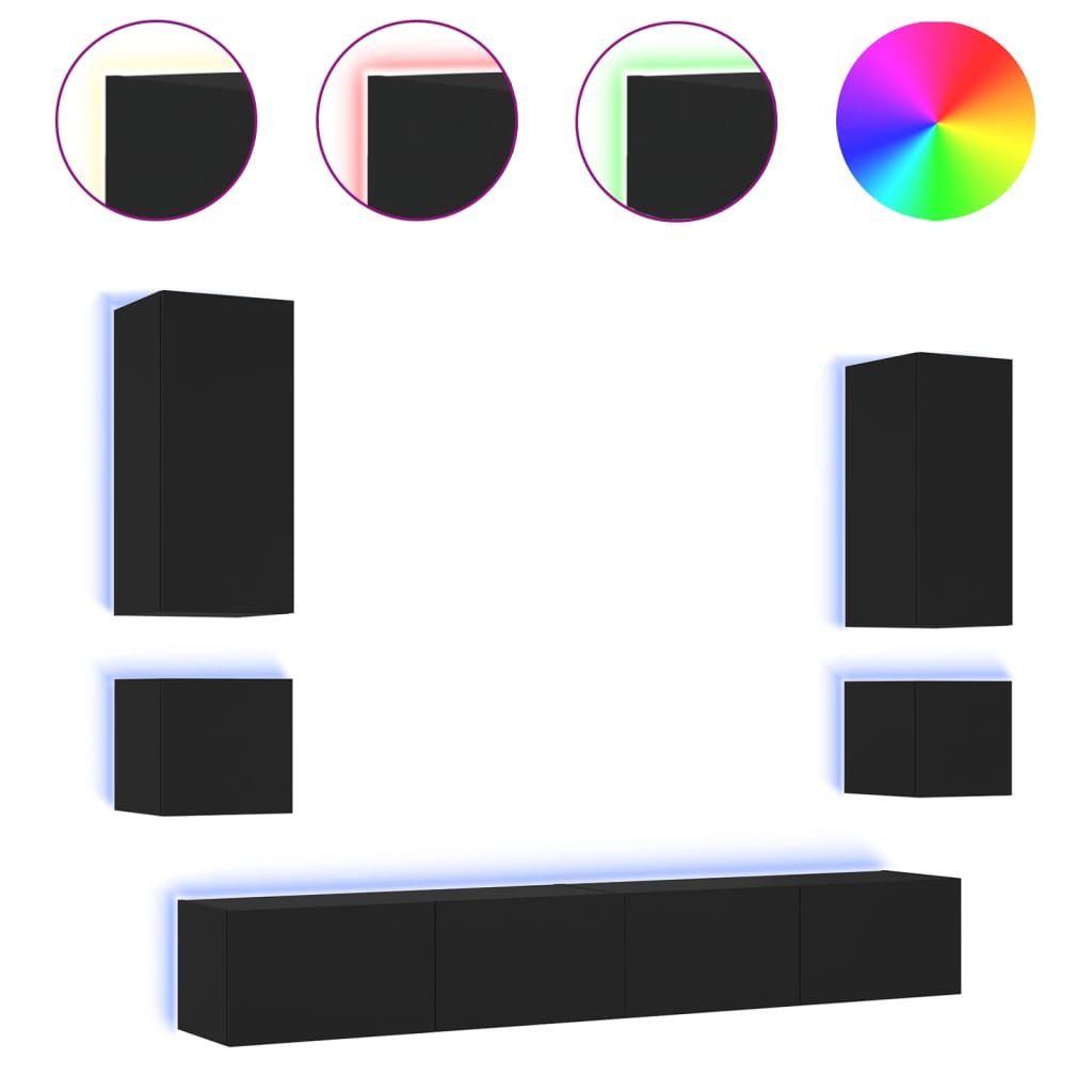 Mobili TV a Muro 6pz con Luci LED Neri