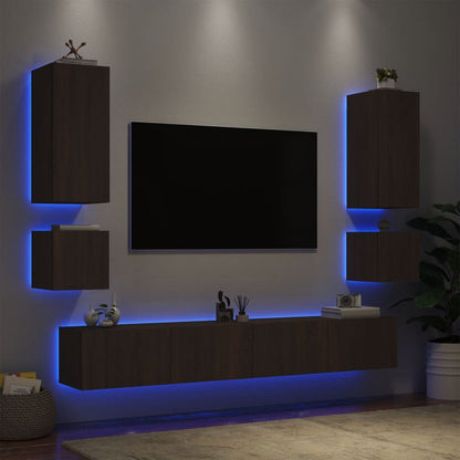 Mobili TV a Muro 6pz con Luci LED Rovere Marrone