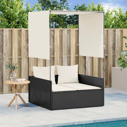 Lettino Prendisole con Tetto e Tende Nero in Polyrattan