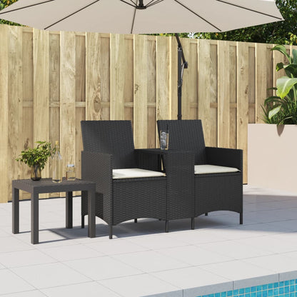 Divano da Giardino a 2 Posti Tavolo Cuscini Nero in Polyrattan