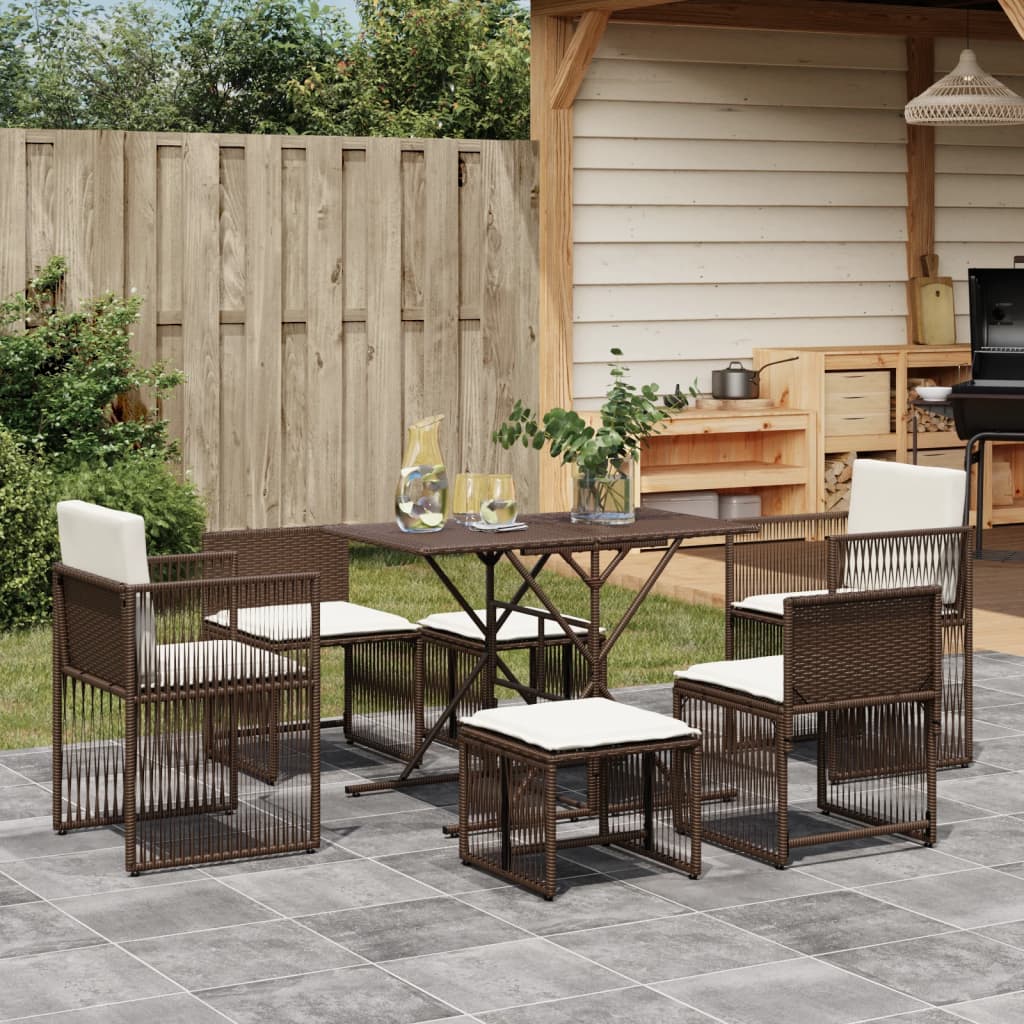 Set da Pranzo da Giardino 7pz con Cuscini in Polyrattan Marrone