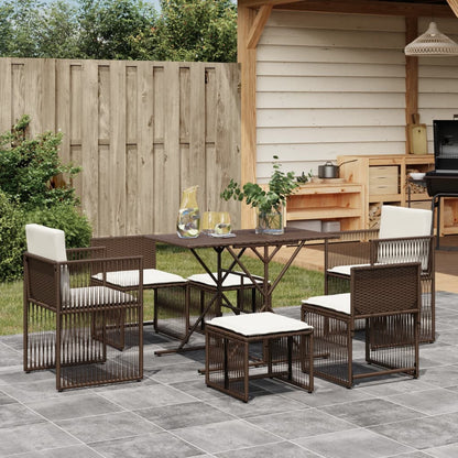 Set da Pranzo da Giardino 7pz con Cuscini in Polyrattan Marrone