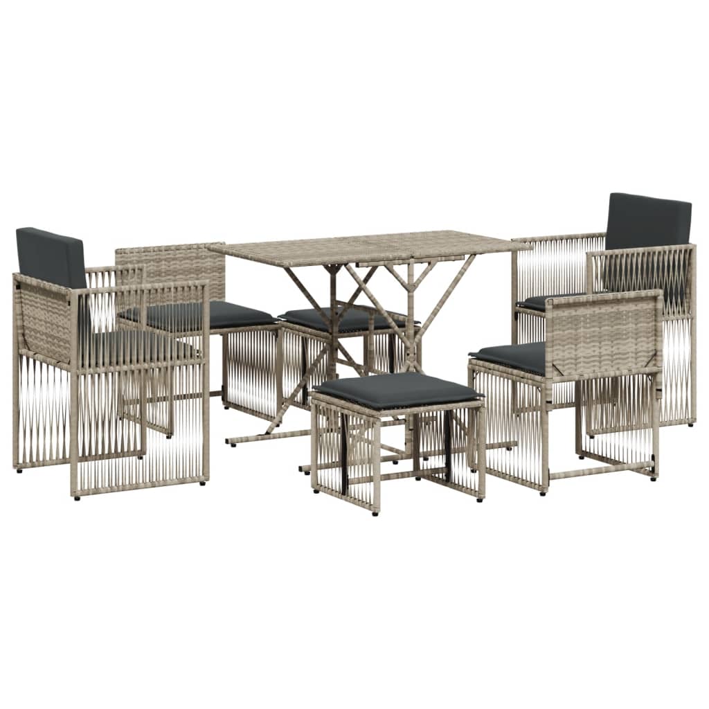 Set da Pranzo da Giardino 7 pz Cuscini Polyrattan Grigio Chiaro
