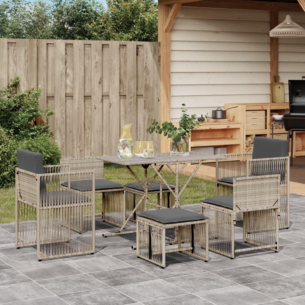 Set da Pranzo da Giardino 7 pz Cuscini Polyrattan Grigio Chiaro