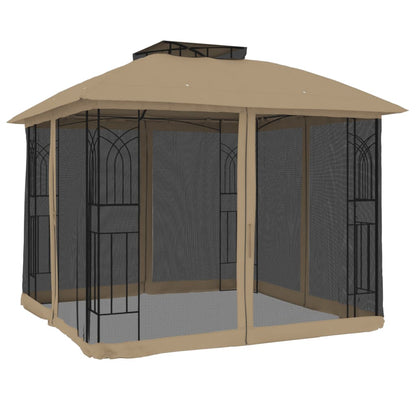 Gazebo con Tetto Doppio/Pareti Rete Tortora 2,94x2,94 m Acciaio