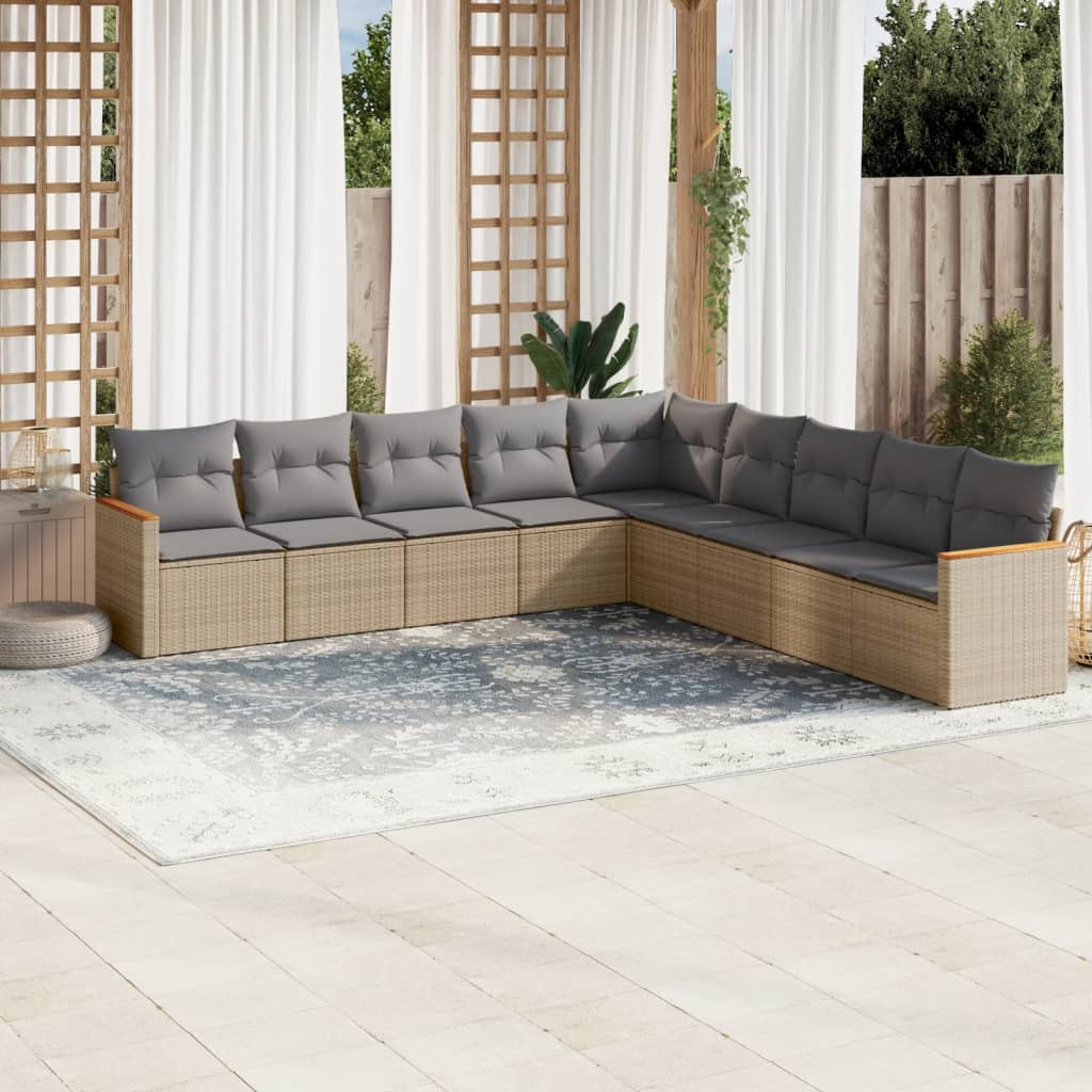 Set Divano da Giardino 9 pz con Cuscini Beige Misto Polyrattan