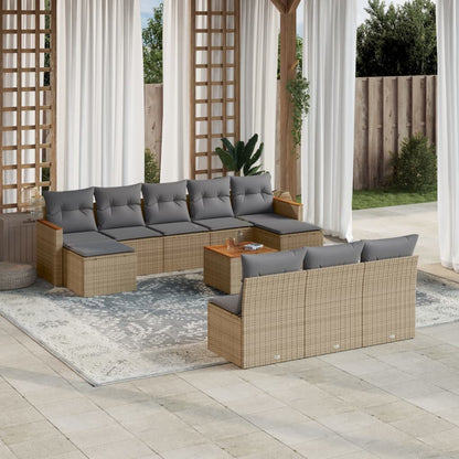 Set Divano da Giardino 11 pz con Cuscini Beige Misto Polyrattan