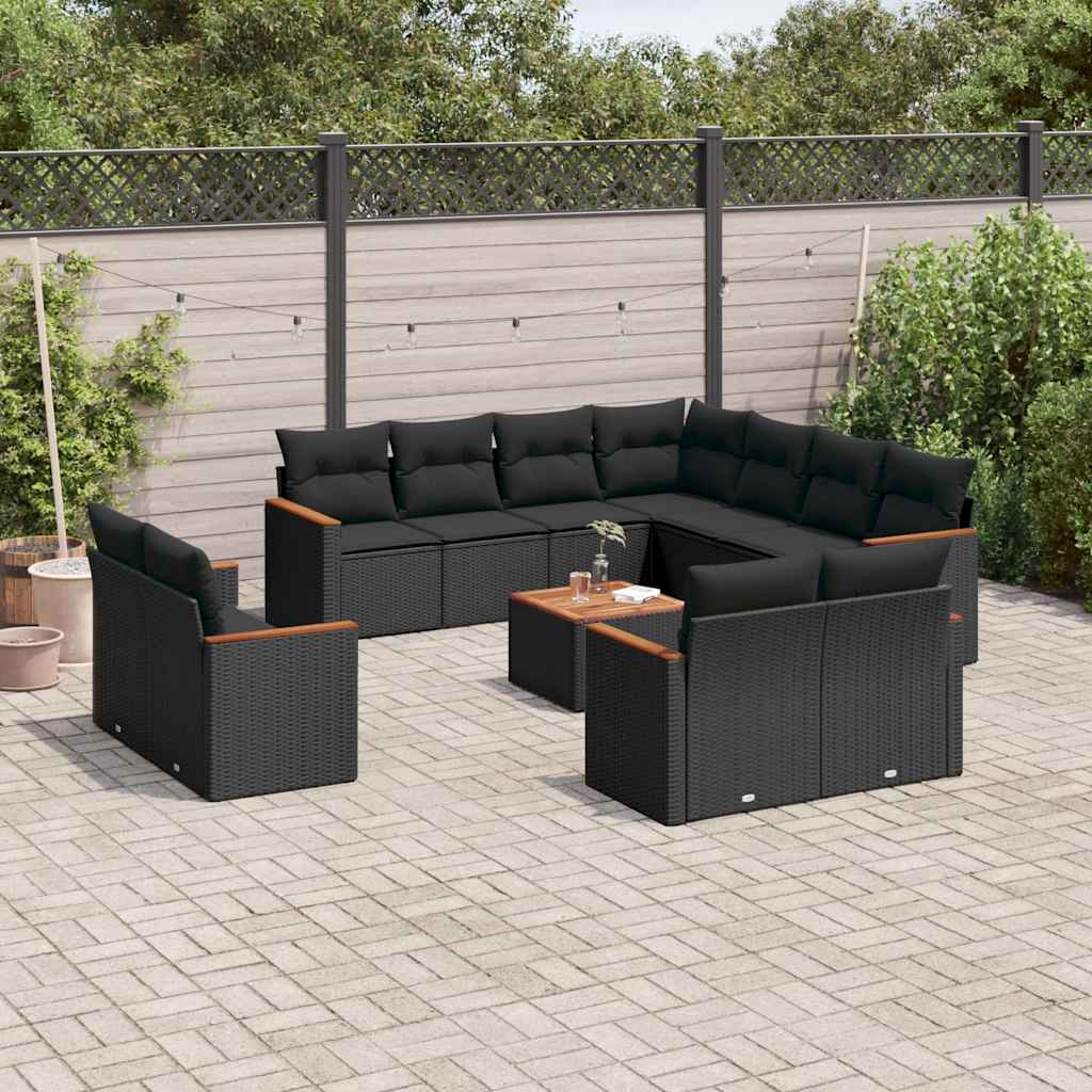 Set Divani da Giardino 12 pz con Cuscini Nero in Polyrattan
