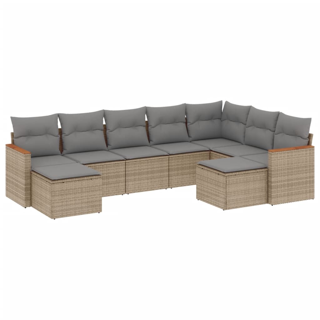 Set Divano da Giardino 9 pz con Cuscini Beige Misto Polyrattan
