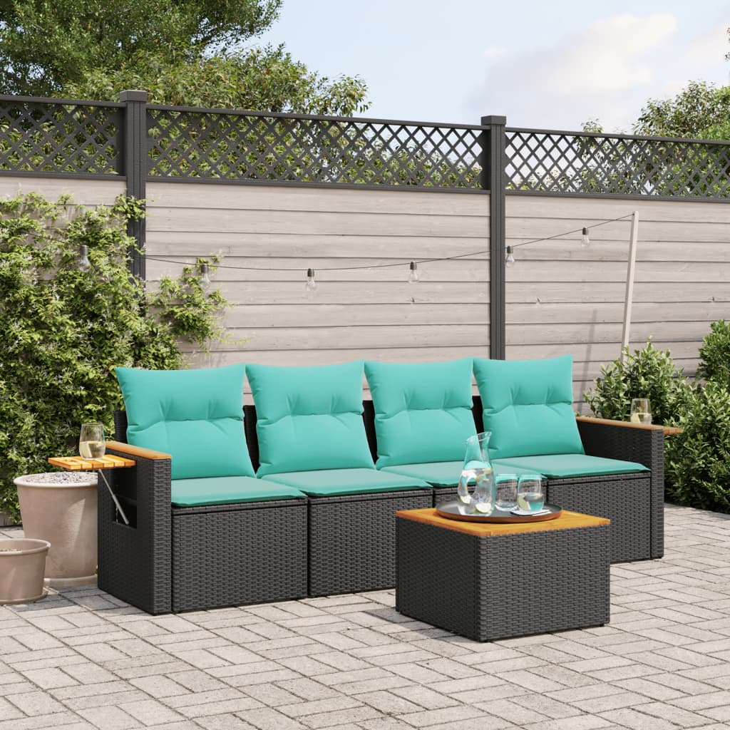 Set Divani da Giardino 5 pz con Cuscini Nero in Polyrattan