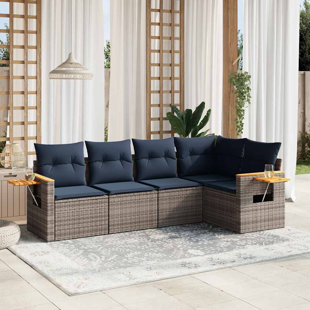 Set Divani da Giardino 5 pz con Cuscini Grigio in Polyrattan