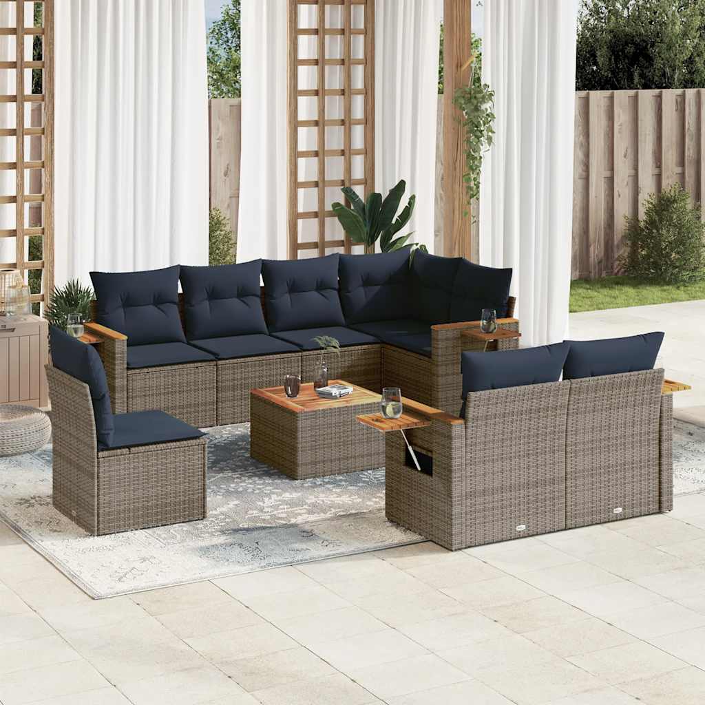 Set Divani da Giardino 9 pz con Cuscini Grigio in Polyrattan