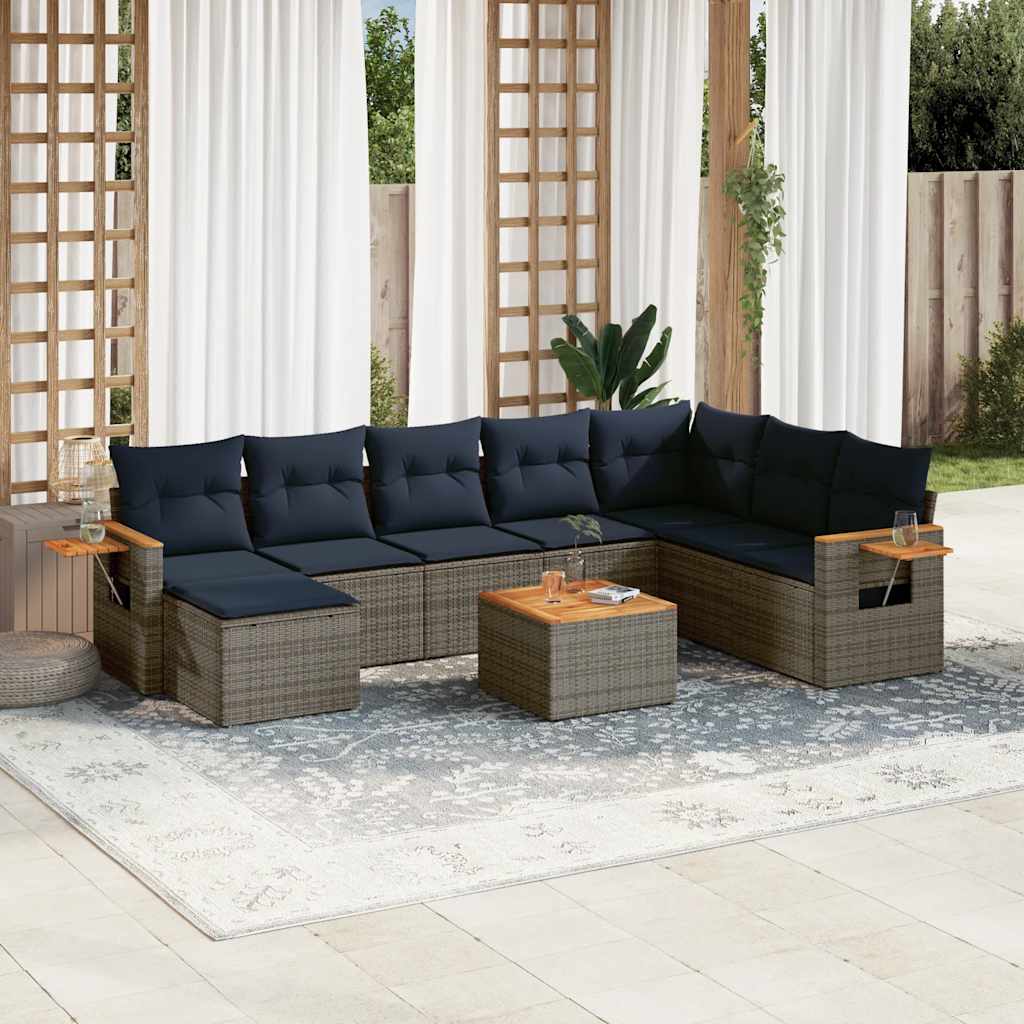 Set Divani da Giardino 9 pz con Cuscini Grigio in Polyrattan