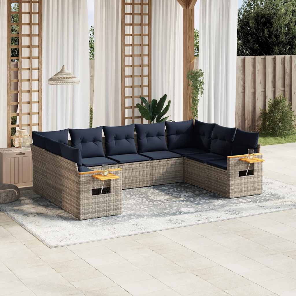 Set Divani da Giardino 9 pz con Cuscini Grigio in Polyrattan