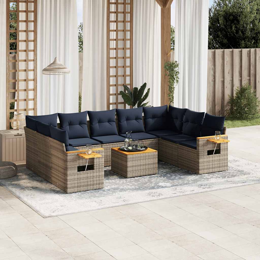Set Divani da Giardino 10 pz con Cuscini Grigio in Polyrattan
