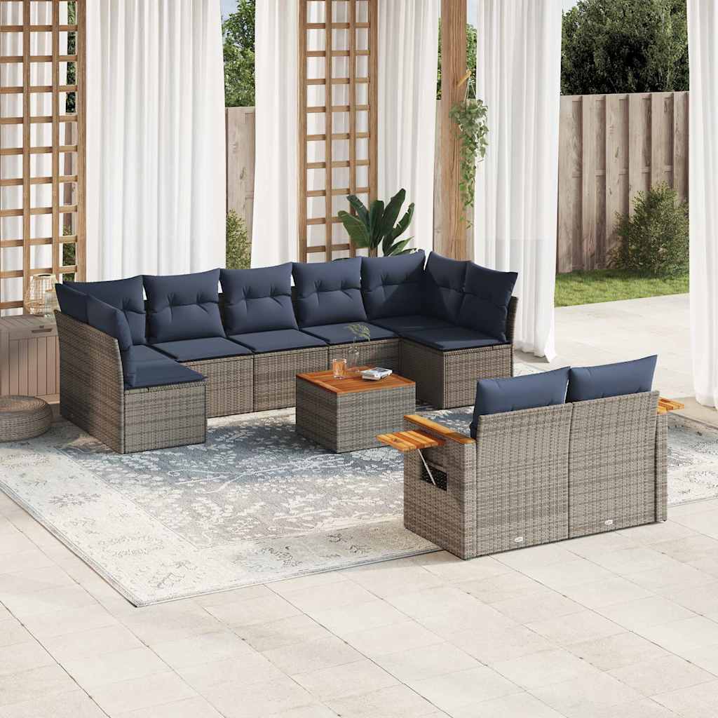 Set Divani da Giardino 10 pz con Cuscini Grigio in Polyrattan