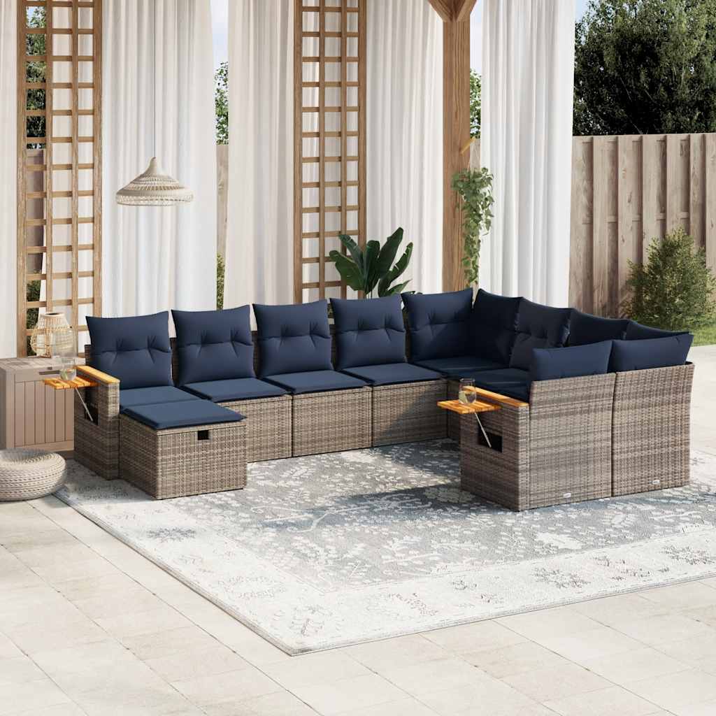 Set Divani da Giardino 10 pz con Cuscini Grigio in Polyrattan