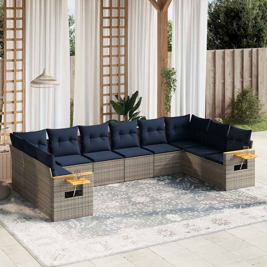 Set Divani da Giardino 10 pz con Cuscini Grigio in Polyrattan