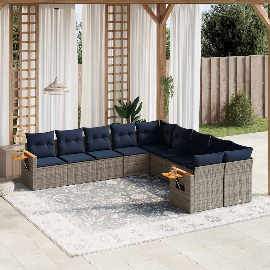 Set Divani da Giardino 10 pz con Cuscini Grigio in Polyrattan