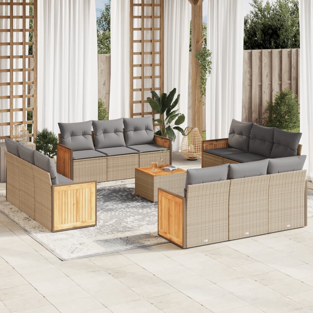 Set Divano da Giardino 13 pz con Cuscini Beige in Polyrattan