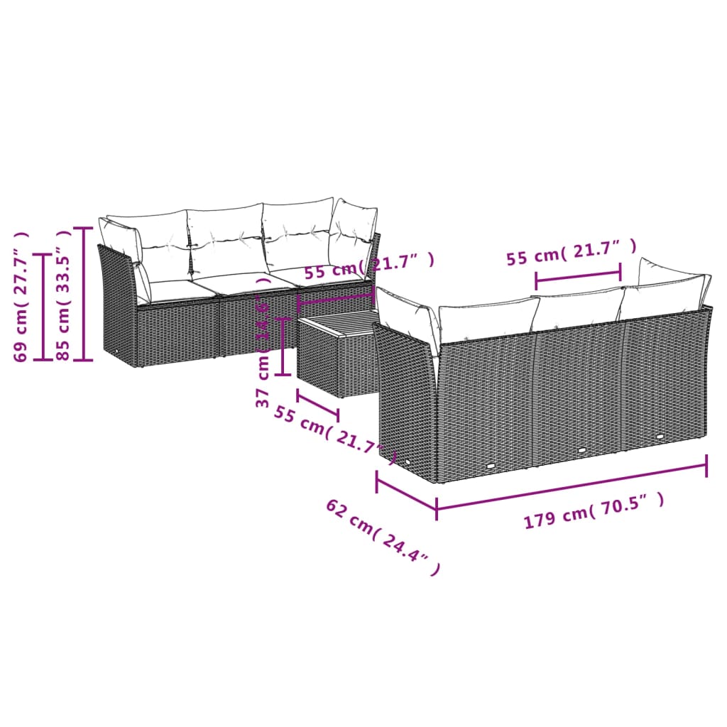 Set Divani da Giardino 7 pz con Cuscini Nero in Polyrattan