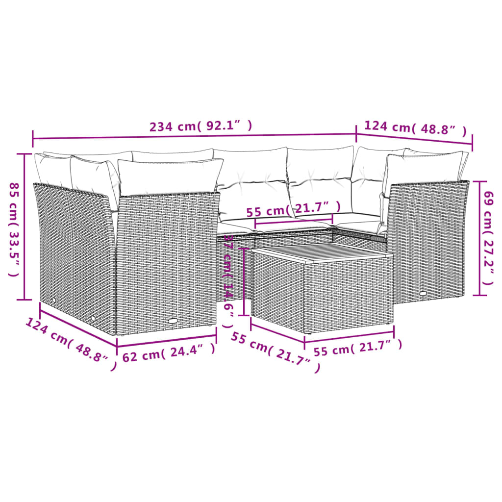 Set Divani da Giardino 7 pz con Cuscini Nero in Polyrattan