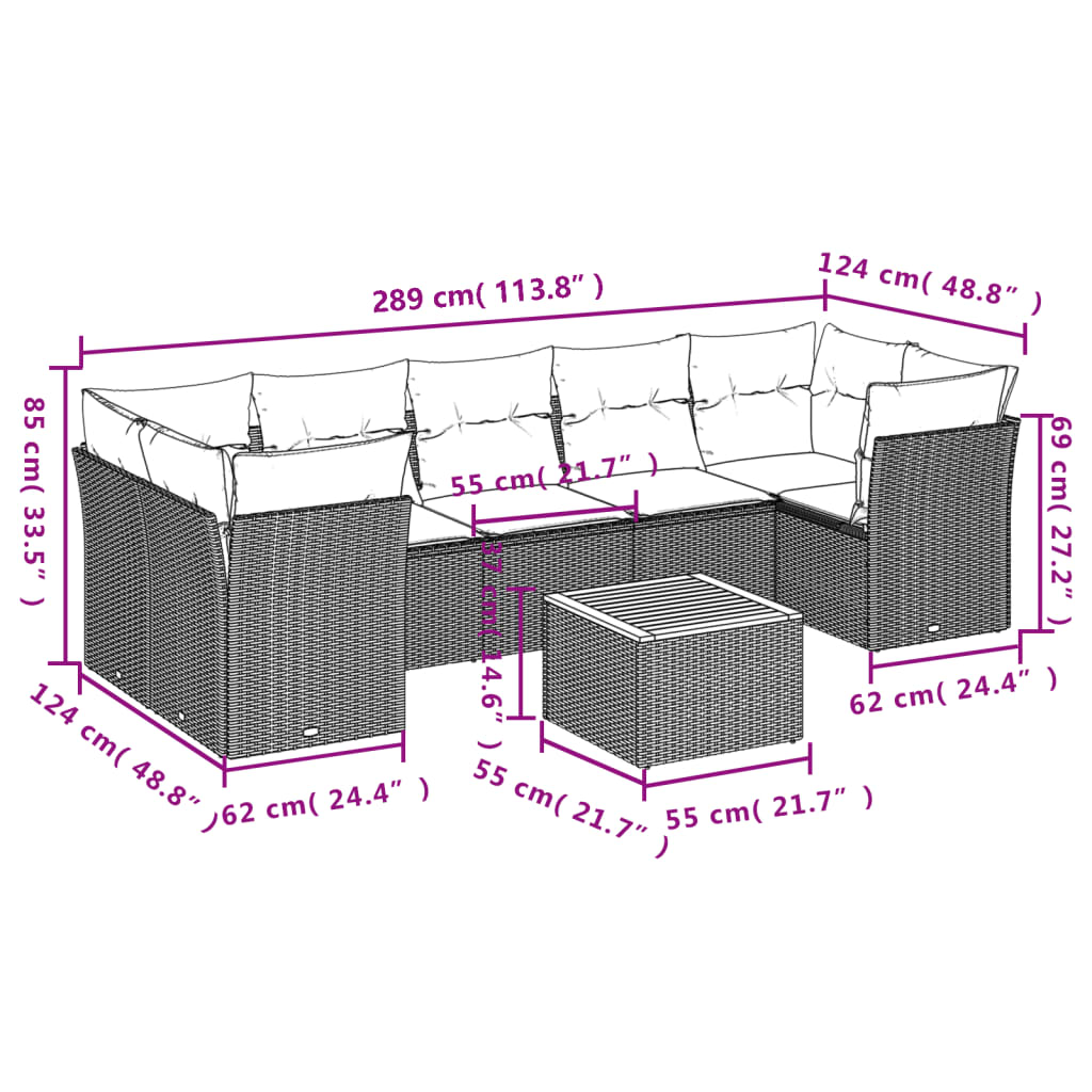 Set Divani da Giardino 8 pz con Cuscini Nero in Polyrattan