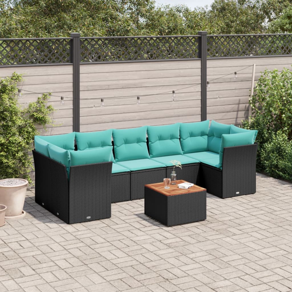 Set Divani da Giardino 8 pz con Cuscini Nero in Polyrattan