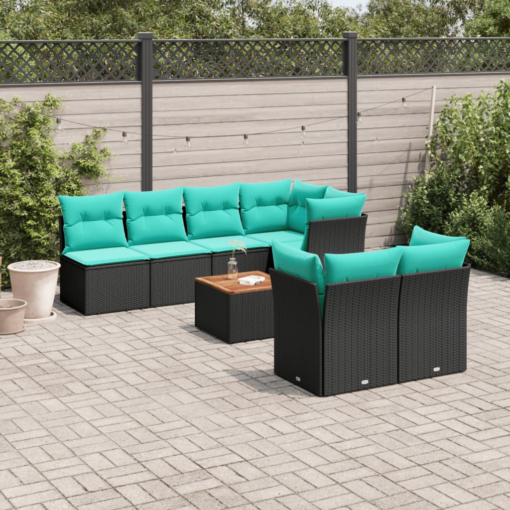 Set Divani da Giardino 8 pz con Cuscini Nero in Polyrattan