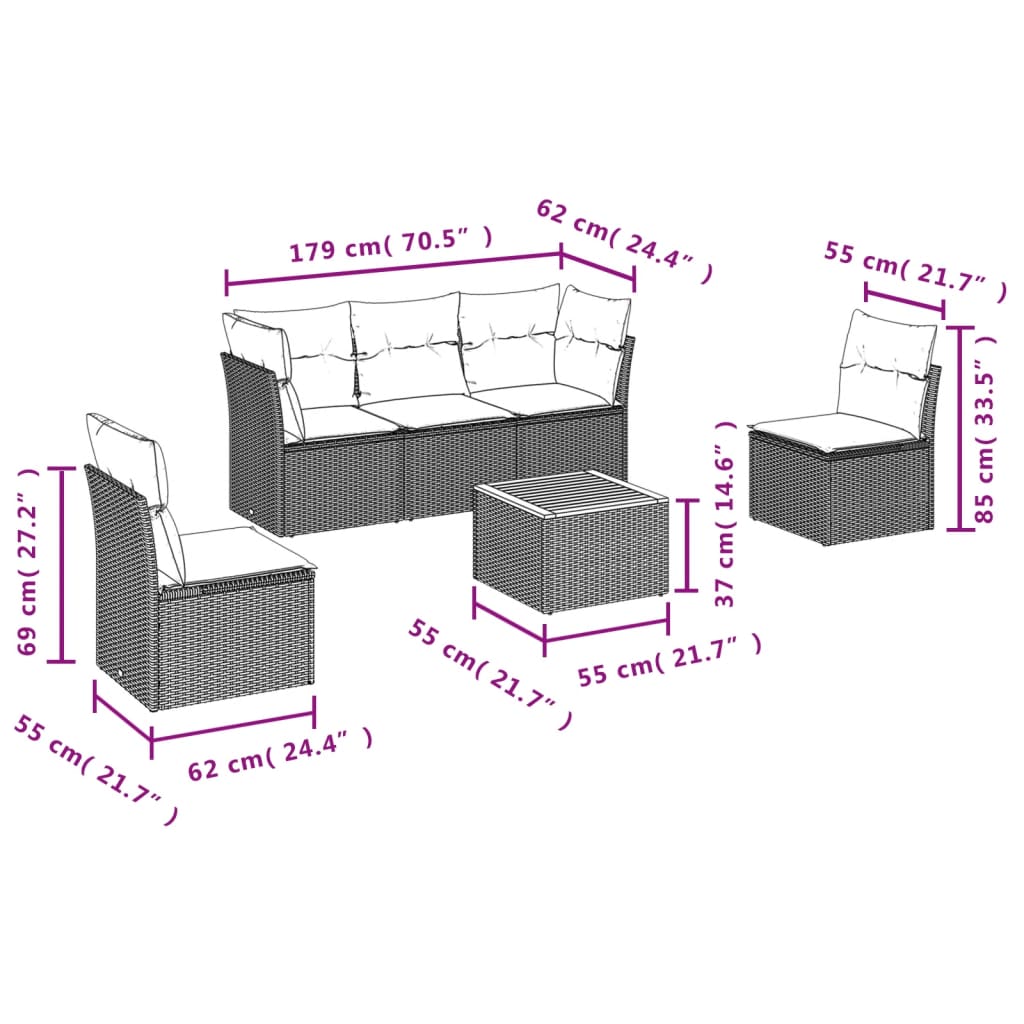 Set Divani da Giardino 6 pz con Cuscini Nero in Polyrattan
