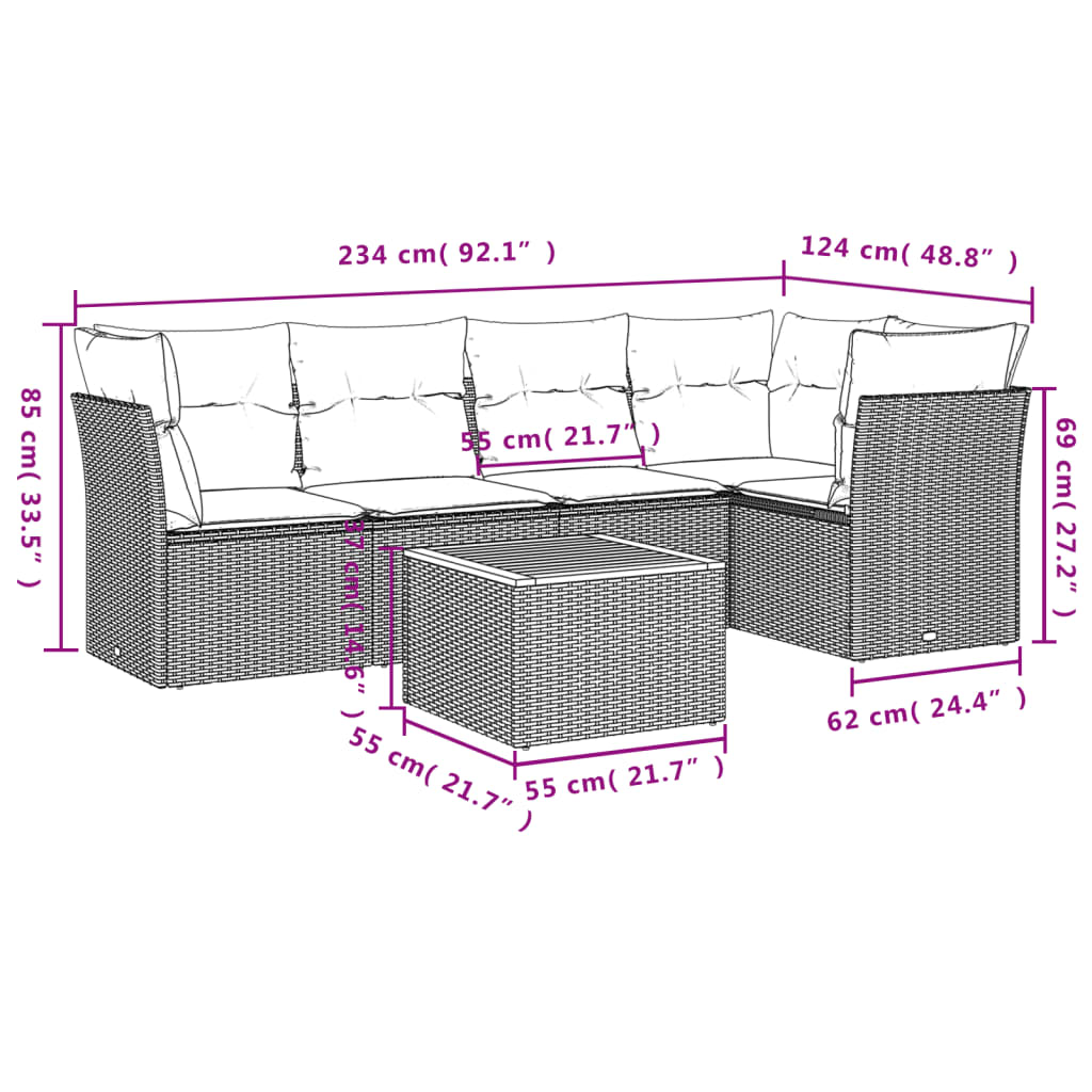 Set Divani da Giardino 6 pz con Cuscini Nero in Polyrattan