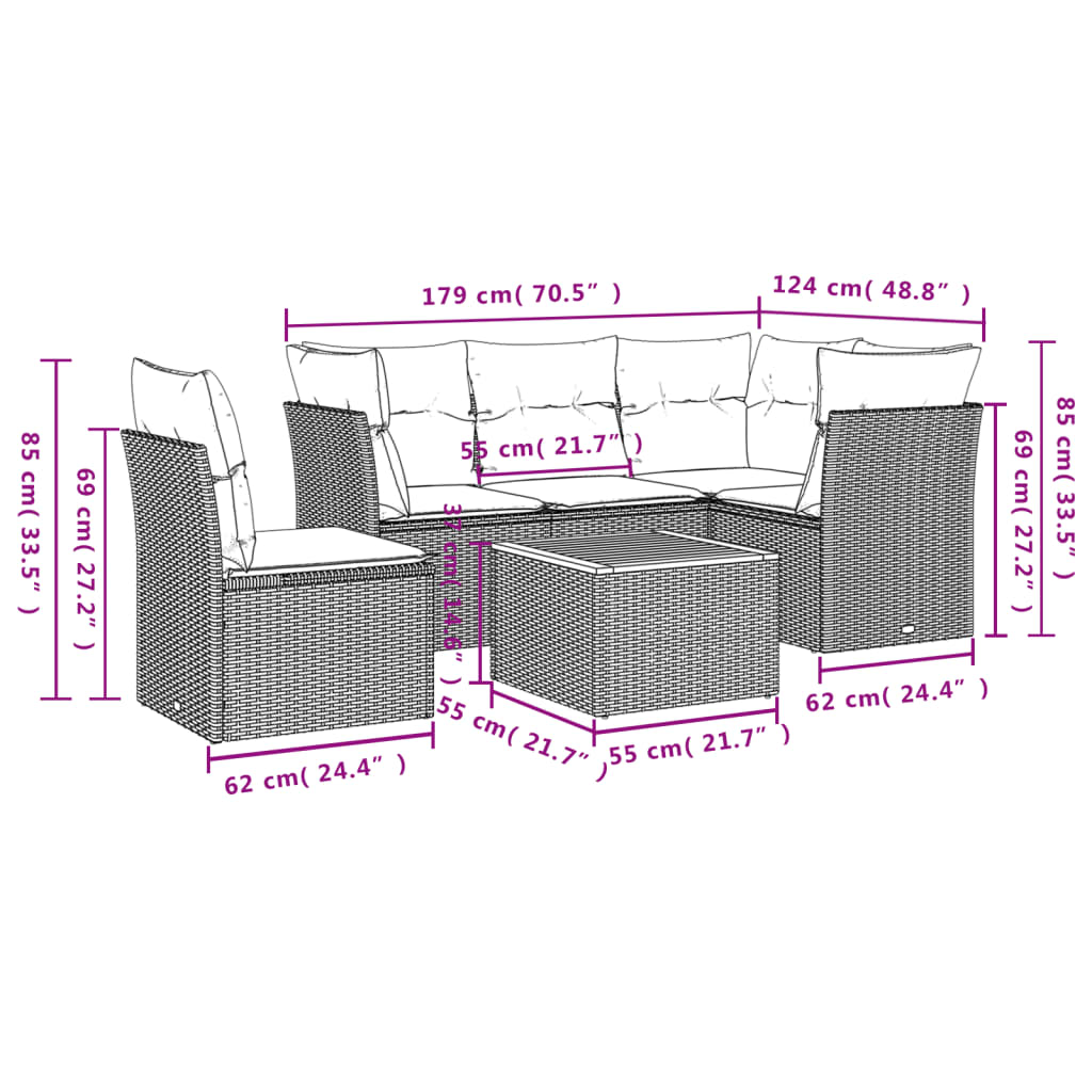 Set Divani da Giardino 6 pz con Cuscini Nero in Polyrattan