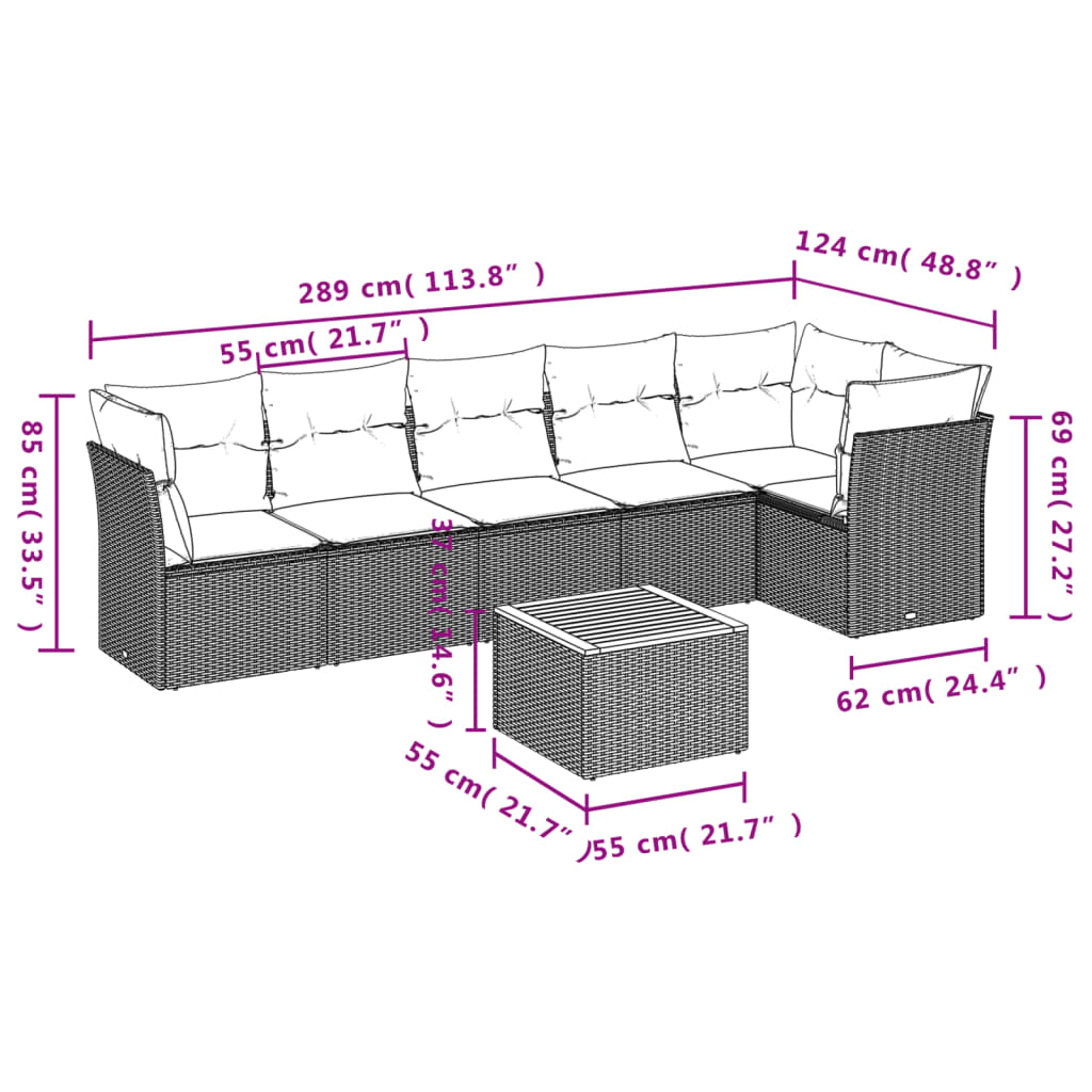 Set Divani da Giardino 7 pz con Cuscini Nero in Polyrattan