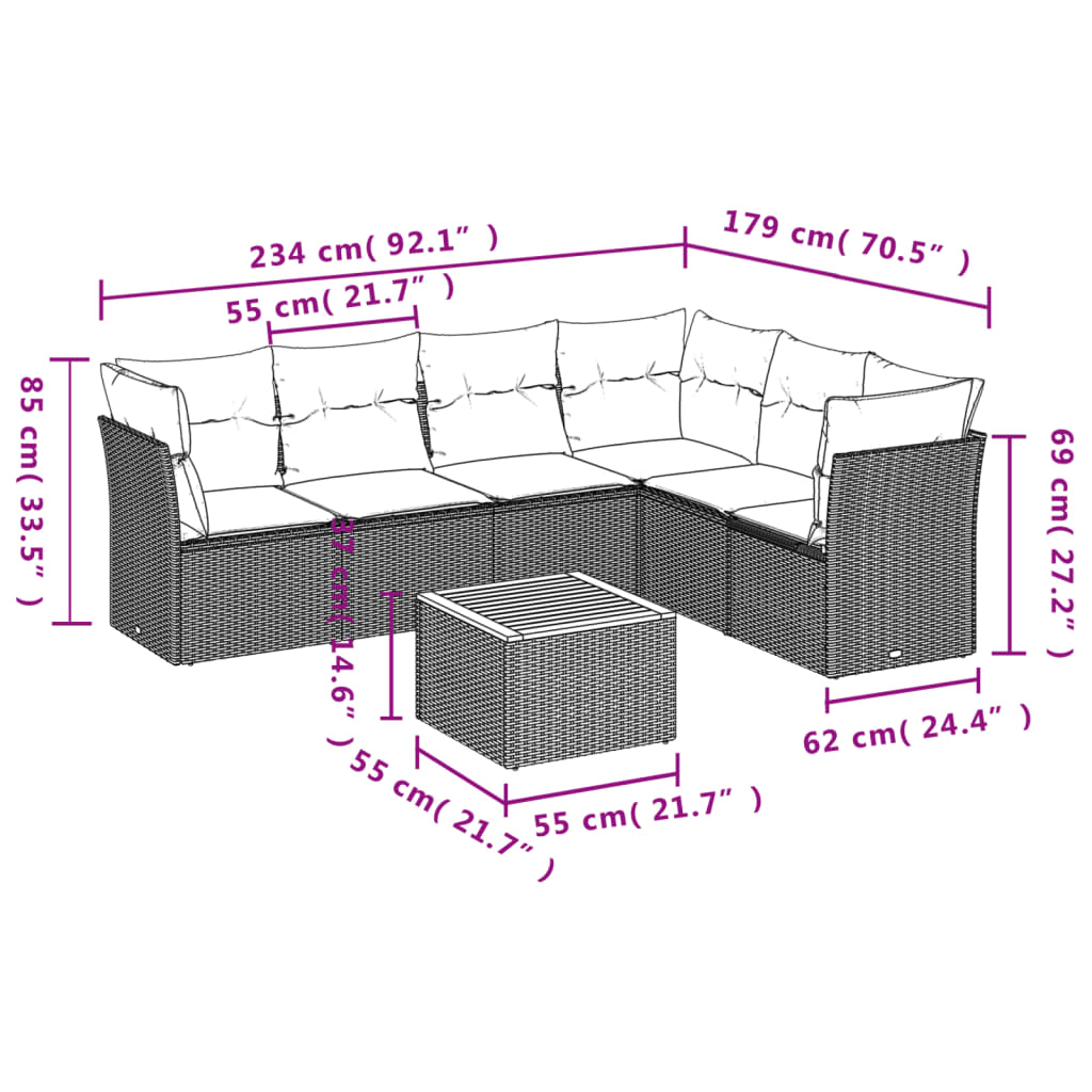 Set Divani da Giardino 7 pz con Cuscini Nero in Polyrattan